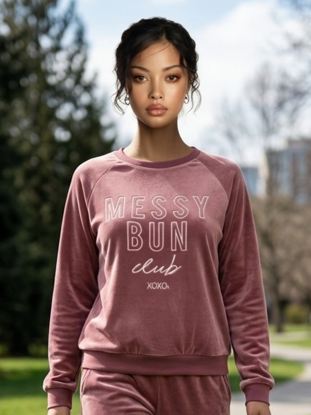 EUC XOXO Women’s Maroon Velour Long Sleeve “Messy Bun” Sweatshirt - Size Medium
